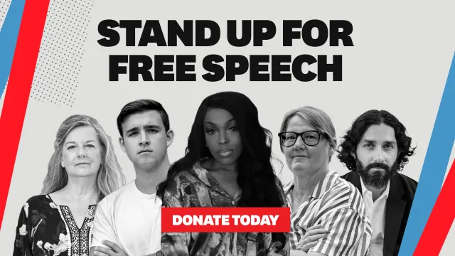 Black and white images of FIRE clients under the words "STAND UP FOR FREE SPEECH"