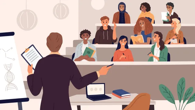 Illustration of college students sitting in lecture hall with a professor teaching