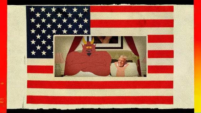 Screenshot of the Season 27 premier of South Park showing Satan and President Trump in bed together.