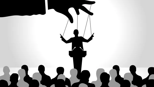 Illustration of a speaker as a puppet being compelled to speak