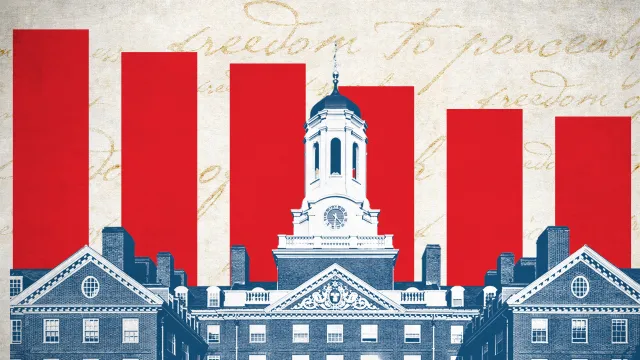 Black and white image of stately brick university building with a tall white cupola in the foreground with red bars (like from a graph) descending behind it, indicating quantitative analysis.