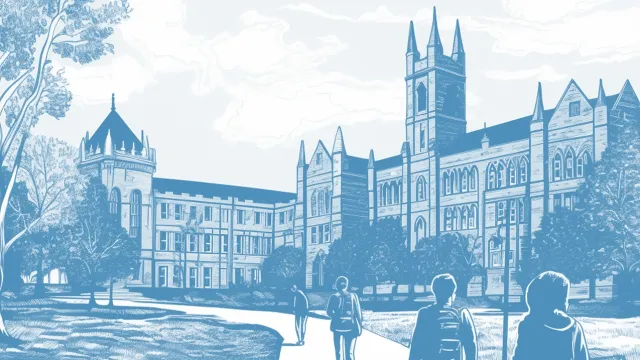 Blue-tinted illustration of a campus building with students walking on pathways.