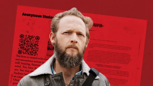 IAIA student journalist David McNicholas cropped on red background with a newspaper behind him