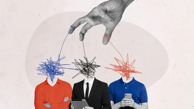 Illustration photo collage of big arm manipulating headless people