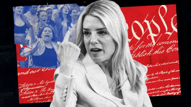 Photo of Attorney General Pam Bondi in black and white with the Constitution in the background