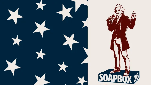 Founding Father on a soapbox speaking into a microphone
