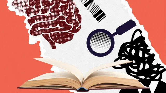 Clip art collage including a brain and magnifying glass, indicating freedom of conscience.