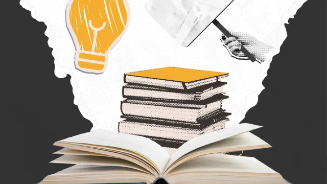 Clip art collage of books, a lightbulb, and a protest sign, indicating freedom of speech