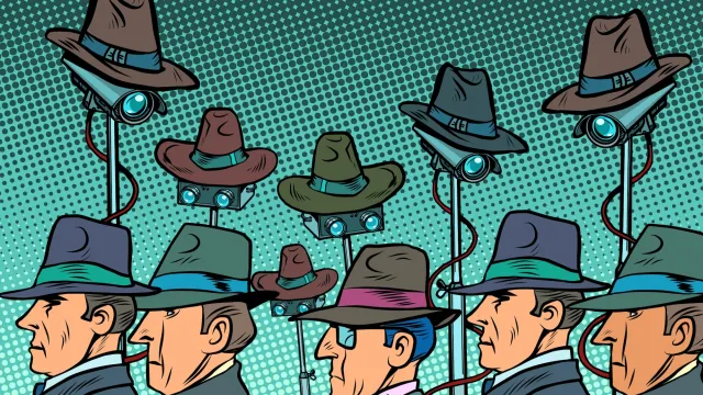 Illustration of federal agents with video cameras in the background