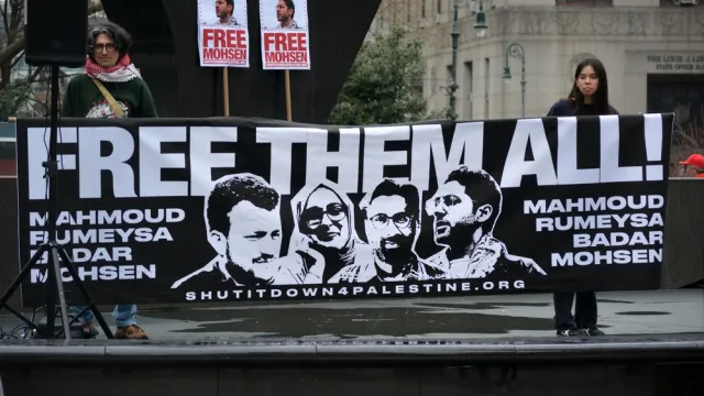 NEW YORK, NEW YORK USA - April 15, 2025: Rally for student activist Mohsen Mahdawi following his arrest by ICE agents across from the ICE Manhattan headquarters.