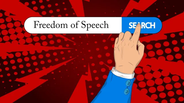 Search bar with text Freedom of Speech and right hand index finger touching search icon.