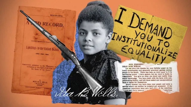Collage showing a black and white photo of Ida B. Wells next to a shotgun and some of her publications.