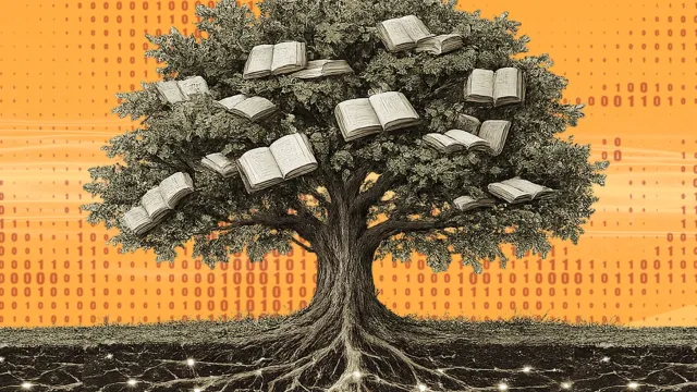 Illustration showing the tree of knowledge with books in the branches and digital network in the roots.