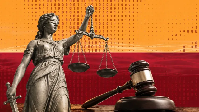 Illustrated collage showing a statue of justice and gavel against a red and gold background with binary code faintly visible, indicating digital technology and artificial intelligence.