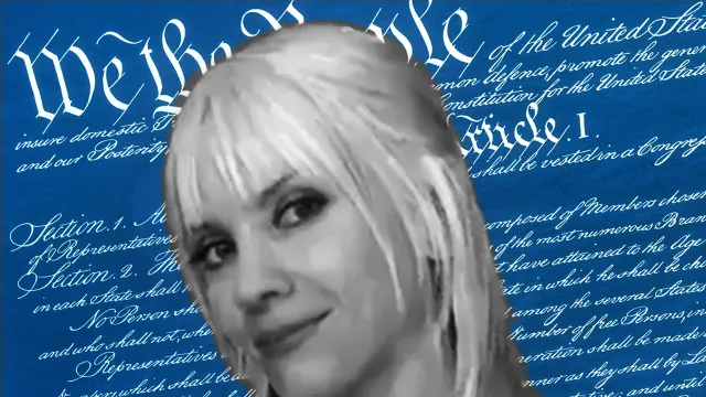 Black and white photo of Shiloh Hendrix in front of the Constitution
