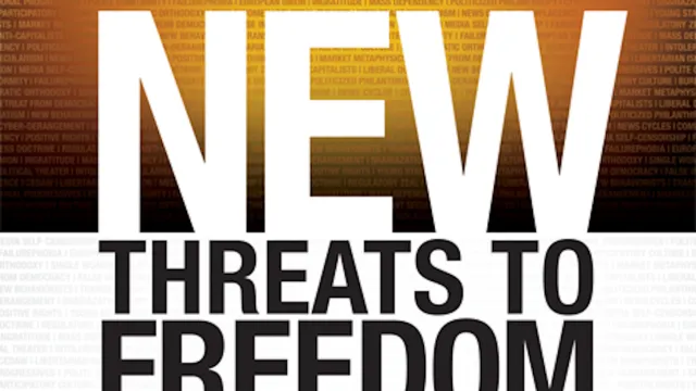Cover of the book "New Threats to Freedom" with the title above a background showing the page of a book.
