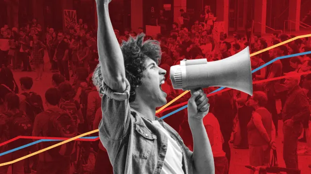 Photo collage showing a protester in black and white speaking into a megaphone with a red-tinted background showing more protesters
