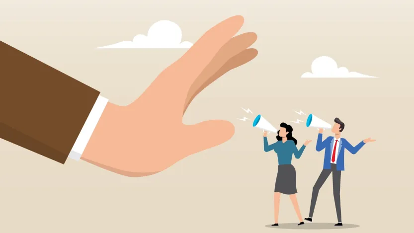 Illustration of people shouting into a megaphone but denied by giant hand freedom of speech censorship