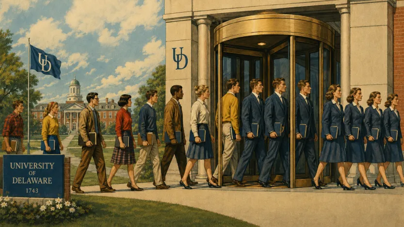 Revolving door at the University of Delaware with people going in as individuals and coming out as identical copies of each other.